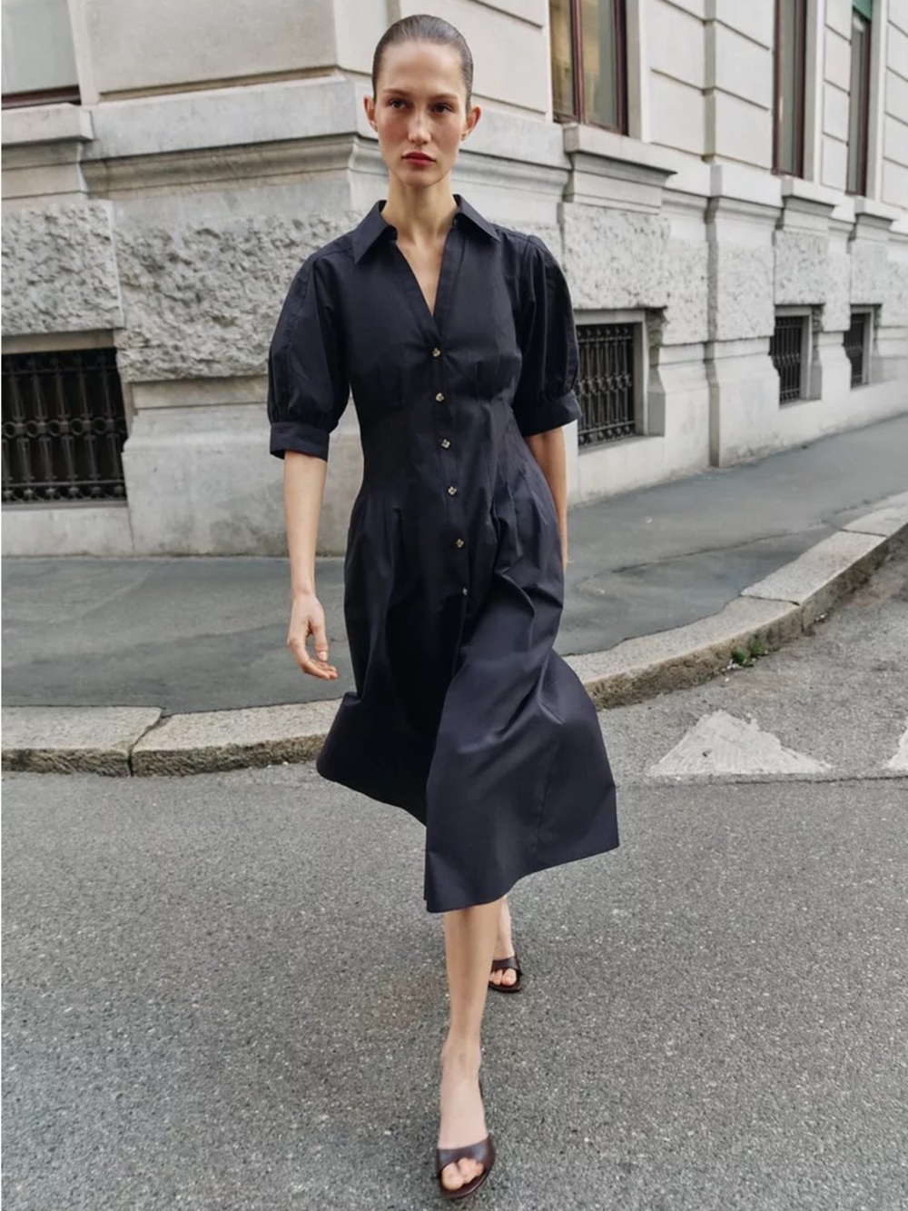 Zara Black Midi Shirt Dress with Puff Sleeves